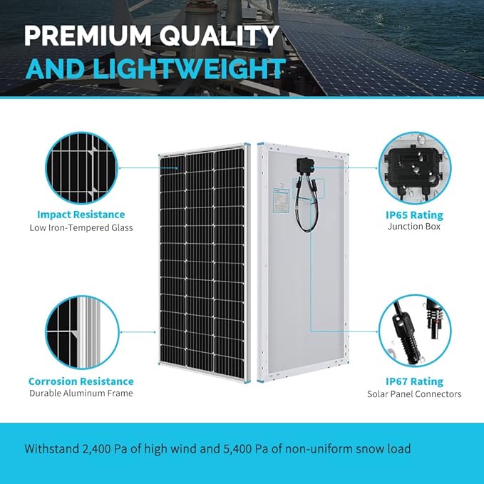 Renogy 200 Watts 12 Volts Monocrystalline RV Solar Panel Kit with Adventurer 30A LCD PWM Charge Controller and Mounting Brackets for RV Boats Trailer Camper Marine Off-Grid Solar Power System