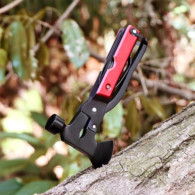 Multifunctional Axe Life Hammer Broken Window Hammer Outdoor Camping Ground Hammer Suitable for Camping Survival Hiking Fishing (Red Black)