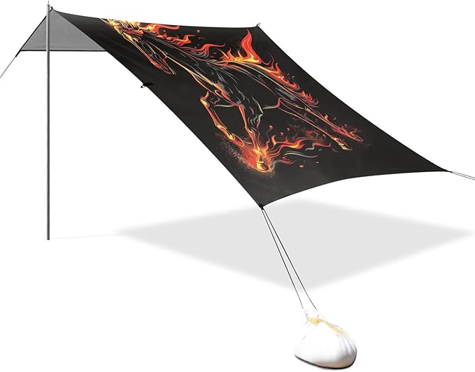 ALAZA Running Horse Flame Beach Tent Sun Shelter UPF50+ Protection Beach Shade Canopy w/ 4 Sandbags for Outdoor Camping Fishing Backyard Fun Picnic 10x9 ft