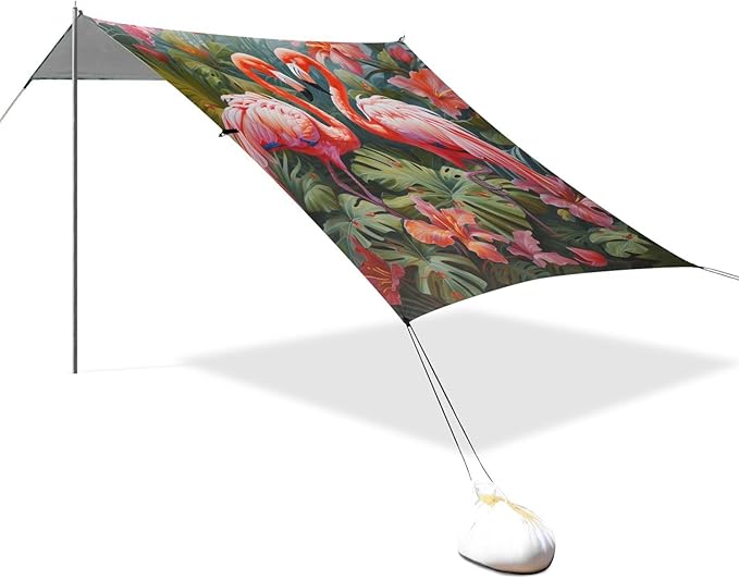 ALAZA Two Lover Flamingos Hibiscus Flower Beach Tent Sun Shelter Portable Canopy Sunshade for Outdoor Camping Picnics Backyard Fun 10x9 ft