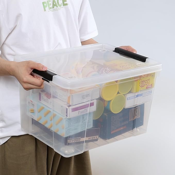 Set of 4 34 L Stackable Plastic Storage Bins with Latching Lids and Wheels Clear Home Organization Container Box See-Through