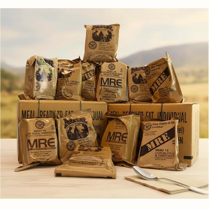 MRE Meals Ready to Eat A and B bundle cases 2027 (2028 if available) inspection. Genuine Military US surplus emergency food bulk supply full box with heater