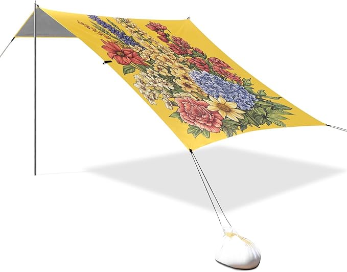 Flowers Bunch on Yellow Beach Cabana UPF50 Water-Resistant Large Sun Shelter with Sand Pockets for Camping Picnics Backyard