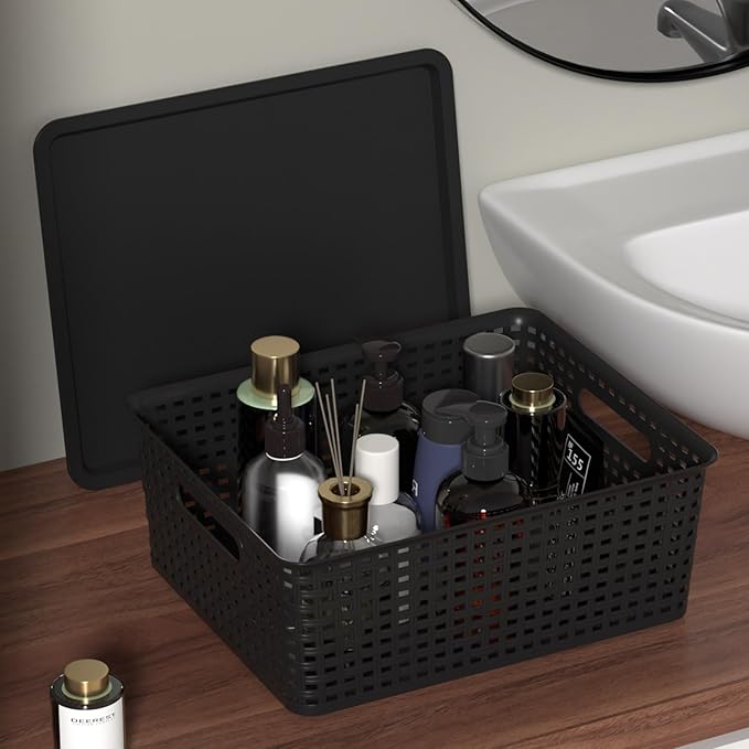 6 Pack Plastic Storage Bins with Lids Stackable Plastic Storage Baskets with Lids Black