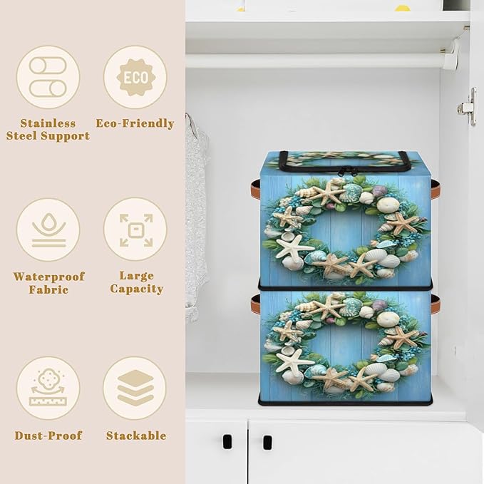 Starfish Wreath Storage Bins with Zipper Lid Blue Wooden Fabric Lidded Storage Baskets Cubes with Handles Decorative Foldable Shelf Closet Organizer Container
