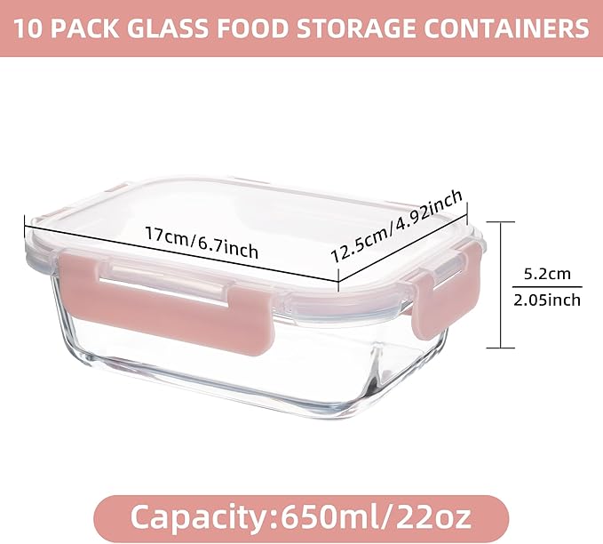 10 Pack 22 oz Glass Meal Prep Containers Food Storage Containers with Lids Airtight Leakproof Lunch Containers for Kitchen Freezer Microwave Dishwasher Safe (Pink)