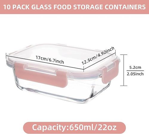 10 Pack 22 oz Glass Meal Prep Containers Food Storage Containers with Lids Airtight Leakproof Lunch Containers for Kitchen Freezer Microwave Dishwasher Safe (Pink)