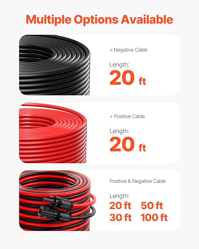 VEVOR 20FT Solar Panel Extension Cable 10AWG Solar Extension Cable Wire with Female &amp Male Waterproof Connectors 6mm² PV Cable for Home Ship and RV Solar Panels 20FT Black + 20 FT Red (Set of