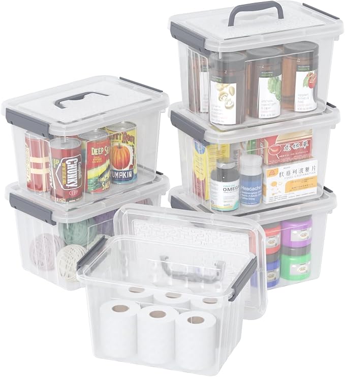 6 Quart Clear Latching Bins with Handle Small Plastic Storage Boxes with Lids 6 Packs