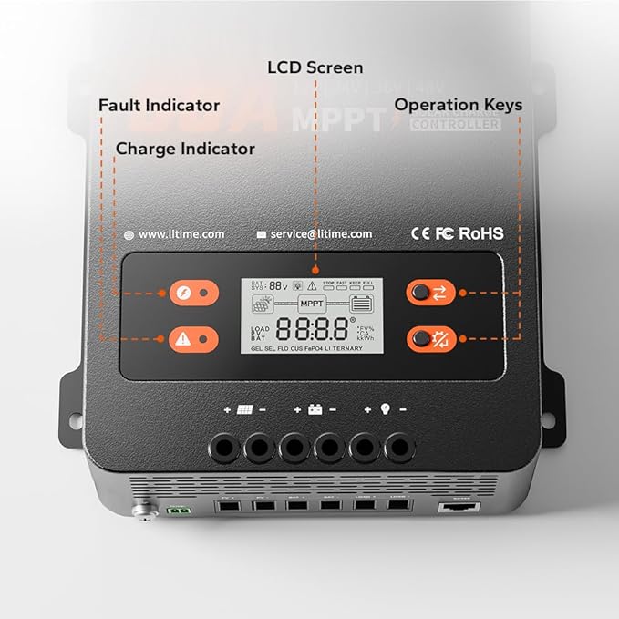 LiTime 60A MPPT Solar Charge Controller (No Build-in Bluetooth) 12V/24V/36V/48V Auto Max PV Input 200VDC LCD Display Solar Panel Regulator for LiFePO4/Lead-acid Battery