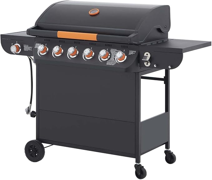 6-Burner Propane Gas BBQ Grill with Side Burner 72000 BTU Stainless Steel Barbecue Grill with Cast Iron Grates and Side Table for Outdoor Cooking Kitchen Patio