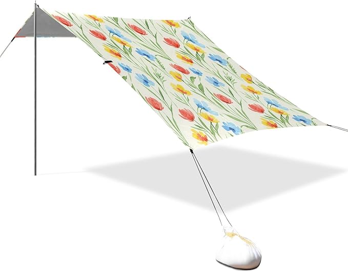 xigua Wildflowers Beach Tent Sun Shelter with Carrying Bag - Silver Coated Oxford Fabric Beach Canopy for Beach Camping Fishing - Includes Windproof Ropes Sandbags &amp Stakes