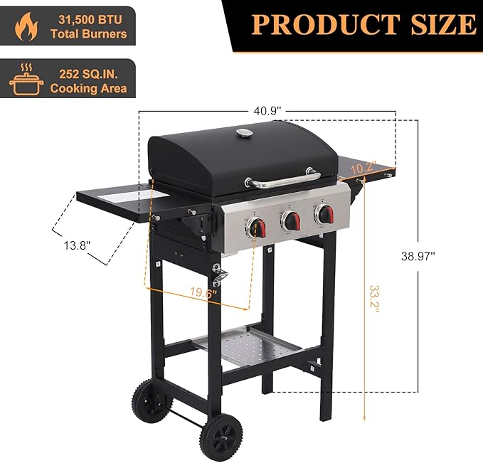 CIG GARDEN 3-Burner Propane Grill 31500 BTU Outdoor BBQ with Cast Iron Grates &amp Side Burner for Backyard Patio Tailgating &amp Camping