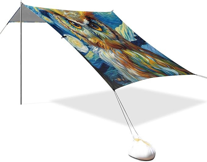 ALAZA Owl Starry Sky Van Gogh Beach Tent Sun Shelter UPF50+ Protection Beach Shade Canopy w/ 4 Sandbags for Outdoor Camping Fishing Backyard Fun Picnic 10x9 ft