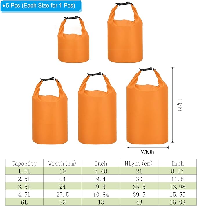 PATIKIL Waterproof Dry Bags 5 Pack Portable Dry Sack Roll Top Bag Lightweight Dry Storage Bag for Gym Kayaking Hiking Swimming Camping Orange (1.5L 2.5L 3.5L 4.5L 6L)