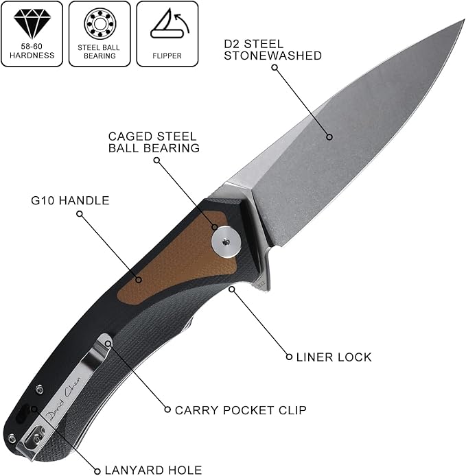 Petrified fish PF838 D2 steel folding knife outdoor tactical pocket knives G10 handle camping hunting Cutter EDC tool (Brown Stonewash)