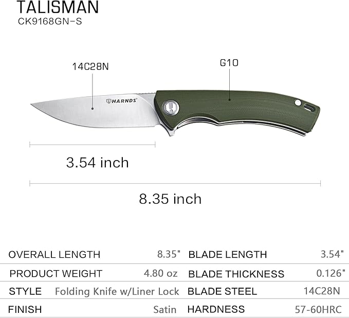 Harnds Talisman CK9168 Pocket Knife with Ball Bearing Pivot System Folding Knife with G10 Handle Pocketclip (armygreen handle)