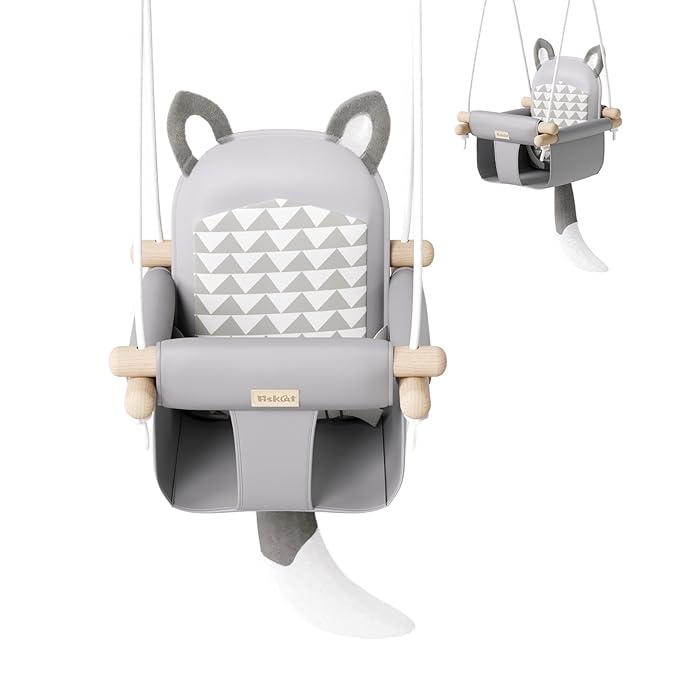 Wooden Hanging Baby Swing with Soft Safety Belt Cozy Infant Swing Seat for Indoor &amp Outdoor Use Adjustable Height Includes Mounting Hardware – Suitable for Babies &amp Toddlers（Fox-Themed in G