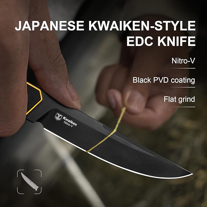 Kizer Kwaiken Fixed Blade Knife 3.94 Nitro-V Blade Hunting EDC Knife with Black &amp Yellow G10 Handle Survival Knife with Adjustable Sheath for Hiking Camping Outdoor Knives 1066A3