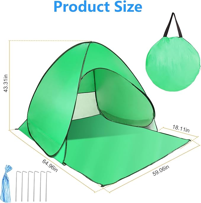 Beach Tent Easy Pop Up 2-3 Person Beach Shade Beach Tent Sun Shelter Instant Portable Beach Tent Umbrella Sun Shade Canopy with Storage Bag for Outdoor Beach Camping Fishing (Green)