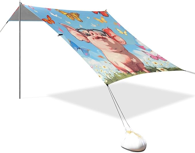 ALAZA Funny Pig Butterflies Beach Tent Sun Shelter Portable Canopy Sunshade for Outdoor Camping Picnics Backyard Fun 10x9 ft