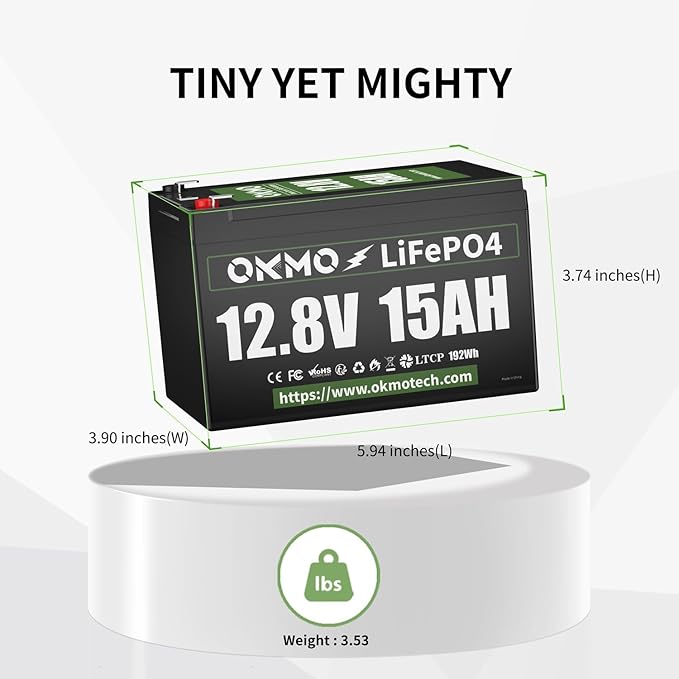 OKMO 12V 15Ah LiFePO4 Lithium Battery(2 Pack) 4000+ Deep Cycles for UPS Kayak Fish Finder Solar Panel Power Wheels Toys Scooter Radio