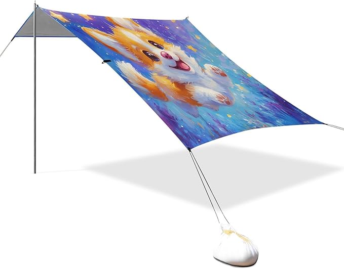 ALAZA Cute Corgi Dog Puppy Starry Beach Tent Sun Shelter UPF50+ Protection Beach Shade Canopy w/ 4 Sandbags for Outdoor Camping Fishing Backyard Fun Picnic 10x9 ft