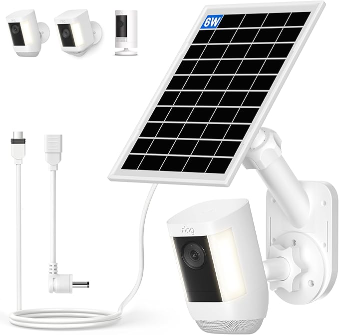 Solar Panel and 2-in-1 Wall Mount for Ring Cam 6W Solar Charger Compatible with R-ing Spotlight Pro/Plus &amp Stick Up Cam Battery Models Weatherproof Cable with USB-C and Ring Barrel Plug