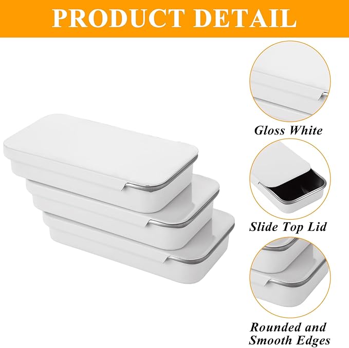 100 Pcs Slide Top Tin Containers Empty Mini Metal Tin for Lip Balm Jewelry CandiesPills Small Crafts (Gloss White)