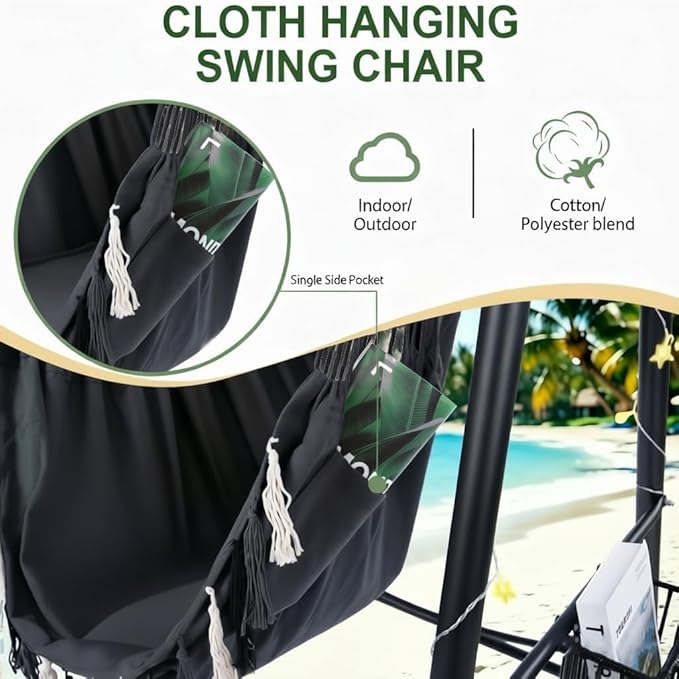 Hammock Chair Hanging Rope Swing &amp Stand Set with Two Holders Heavy Duty Hanging Stand with Three Hooks Multi-Use for Indoor Outdoor Patio Yard Garden(Black &amp Black)