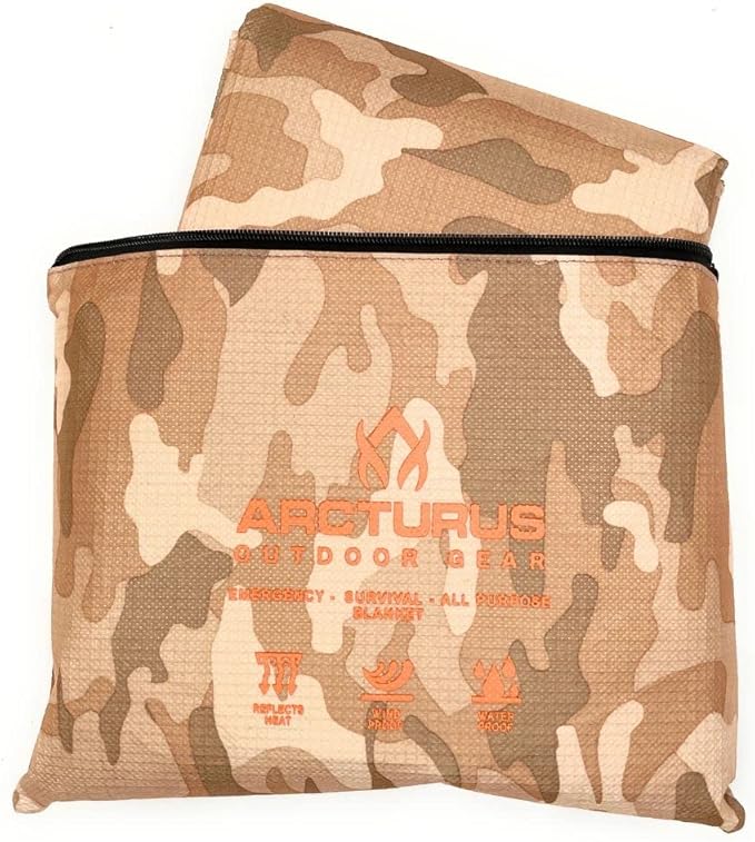 Arcturus All-Weather Outdoor Survival Blanket Thermal Emergency Blanket Reflective Heat Tarp with Grommets Lightweight for Camping Backpacking Hiking &amp Emergency Car Kits Desert Camo 60x82i