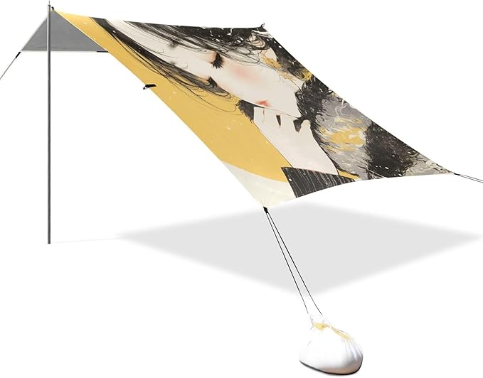 Beauty Yellow and Black Foldable Beach Cabana UPF50+ Protection Water-Resistant Portable Sun Shelter with Sandbags and Shovel for Camping Fishing Backyard Fun