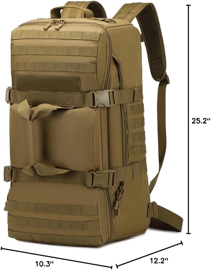 Tactical Duffel Backpack Military Waterproof handbags Large Capacity Mountaineering Luggage Hiking Camping Bag Outdoor (Brown 12.2 L x25.2 H x 10.3 W)