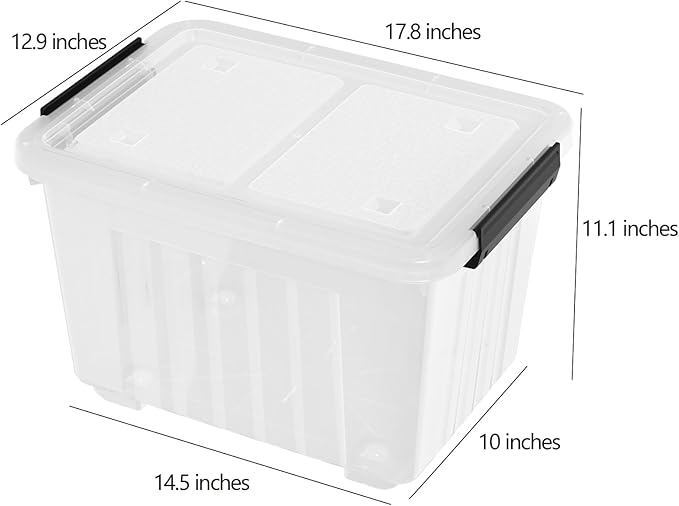 Cand 30 Quart Plastic Storage Boxes with Wheels 4 Pack Latching Lidded Storage Bins Clear