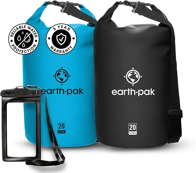 Earth Pak Waterproof Dry Bag - Roll Top Waterproof Backpack Sack (Light Blue 20L &amp Black 20L)