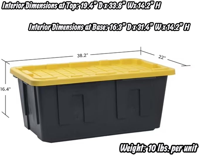 Heavy-Duty Storage Tote with Lid Black and Yellow 40 Gallon 22.0 D x 38.2 W x 16.4 H (4 PACK)