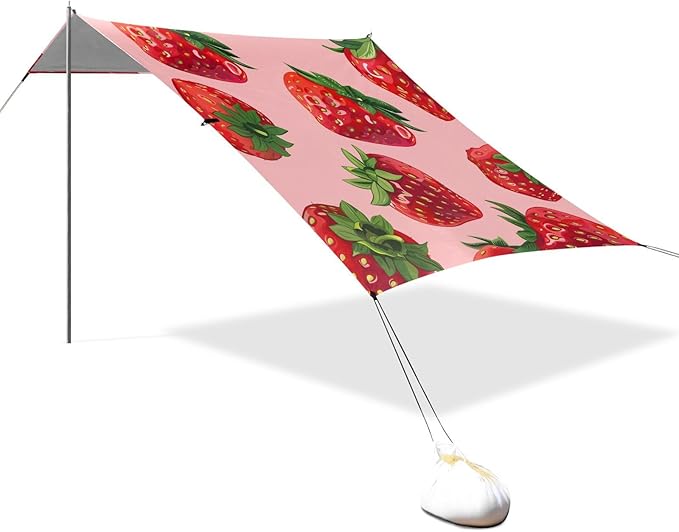 ALAZA Cute Strawberry Patterns on Bright Pink Beach Tent Sun Shelter Portable Canopy Sunshade for Outdoor Camping Picnics Backyard Fun 10x9 ft