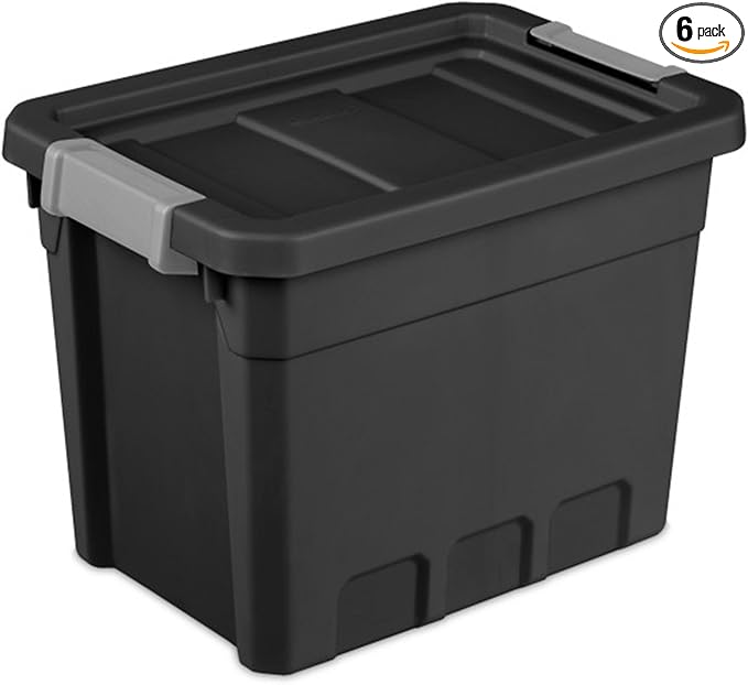 Sterilite 6-Pack 7.5 Gallon Stacker Tote Rugged Plastic Storage for Home Organization Black - Stackable Organizer Bins with Recessed Lid &amp Heavy-Duty Latches for Closet Basement Garage and Att