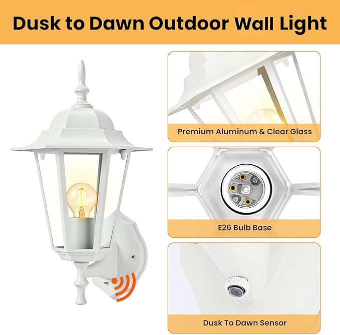 Dusk to Dawn Outdoor Wall Light 14.38 White Exterior Garage Lighting Fixtures Outdoor Porch Light Wall Mount Modern Outside Wall Lantern Sconce Sensor Dusk Dawn Light for House 1 Pack E26 Base
