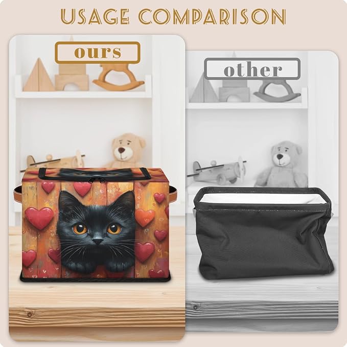 Black Cat Storage Bins with Zipper Lid Hearts Valentine's Fabric Lidded Storage Baskets Cubes with Handles Decorative Foldable Shelf Closet Organizer Container