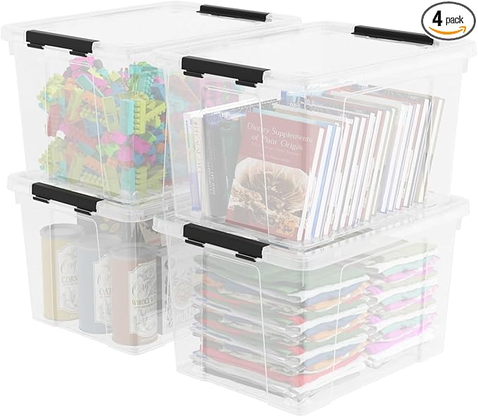 40 Quart Plastic Clear Latching Bin with Lid Plastic Storage Box with Wheels 4 Packs