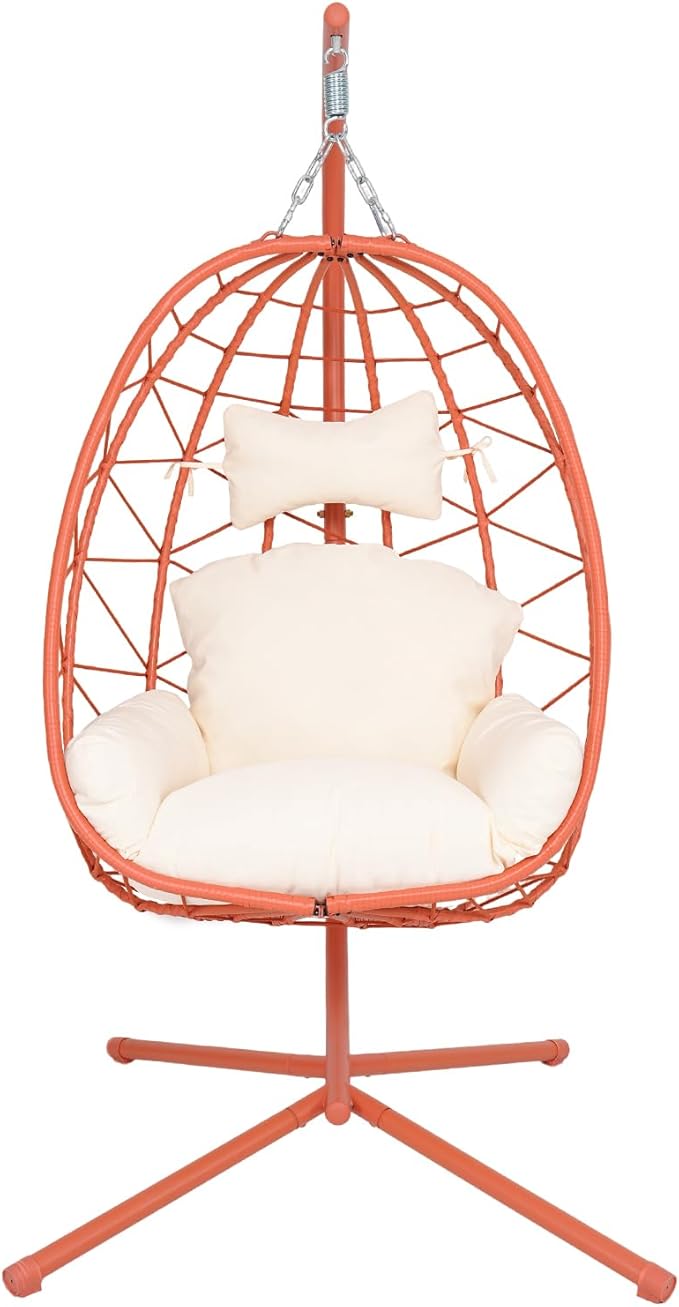 Hanging Egg Chair with Stand Outdoor Indoor Patio Rattan Swing Hammock Chairs with Washable Cushion PE Wicker Swing Chair for Backyard Bedroom Garden (Orange Red +White Cushion No Footrest)
