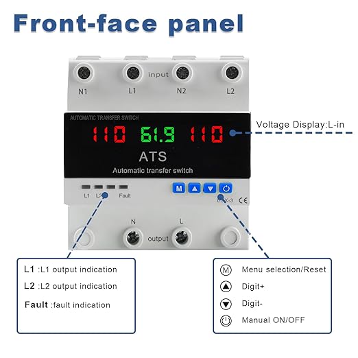2P Automatic Transfer Switch with LCD Display 63A 110V Double Power ATS with 3 Digital Displays for Input Real-Time Volrage/Current Monitoring Automatic Changeover for Utility/Generator/Solar