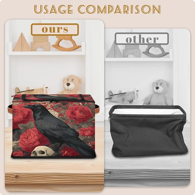 Halloween Raven Storage Bins with Lids Skull Flower Collapsible Cube Storage Basket with Leather Handle Foldable Storage Box with Lids for Organizing Home Closet