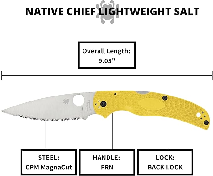 Spyderco Native Chief Lightweight Salt Folding Pocket Knife with 4 CPM MagnaCut Steel Blade and FRN Handle - EDC Knife for Men and Women Perfect for Hunting Tactical - SpyderEdge - C244SYL