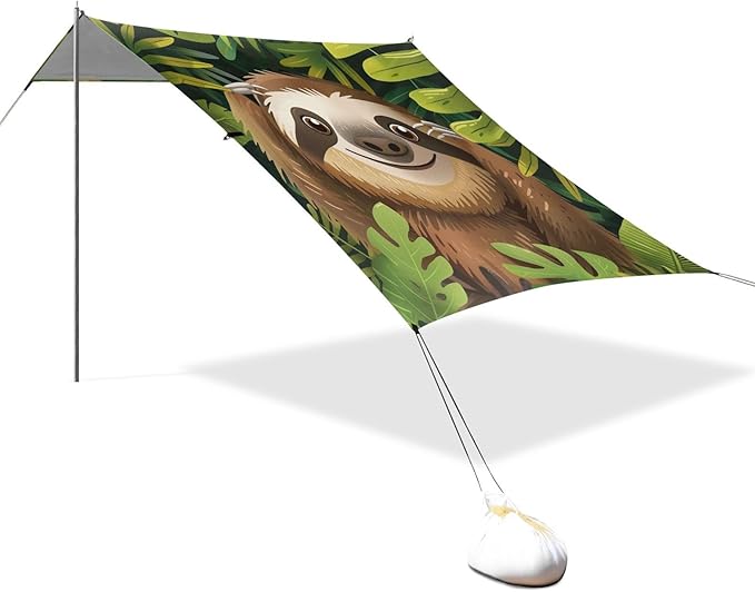 ALAZA Sloth and Tropocal Palm Leaves Beach Tent Sun Shelter Portable Canopy Sunshade for Outdoor Camping Picnics Backyard Fun 10x9 ft