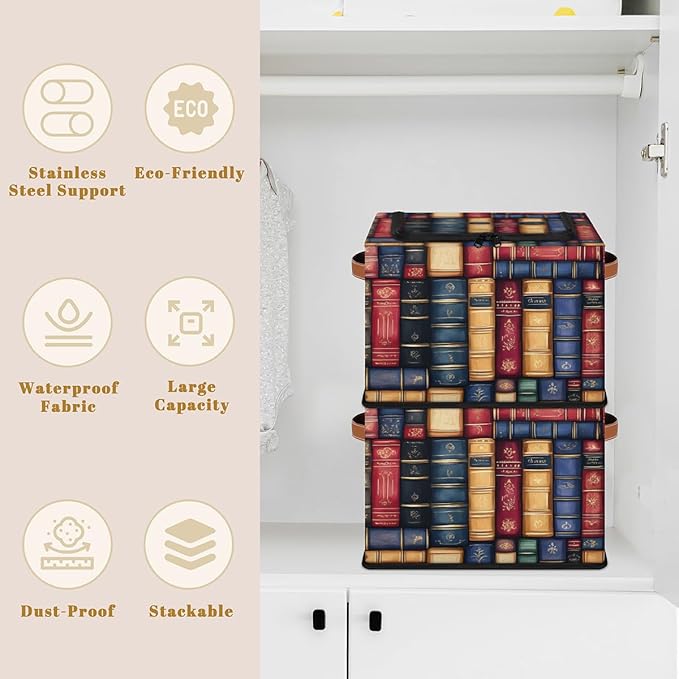 Bookshelf Storage Bins with Zipper Lid Retro Library Fabric Lidded Storage Baskets Cubes with Handles Decorative Foldable Shelf Closet Organizer Container