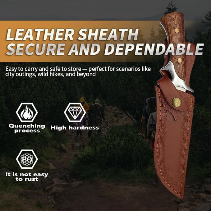 12.2 Fixed Blade Outdoor Knife 9Cr18 Stainless Steel Hunting Knife with Damascus Pattern Ergonomic Wood Handle &amp Embossed Leather Sheath Survival Utility Tool for Camping Hiking &amp Fishing
