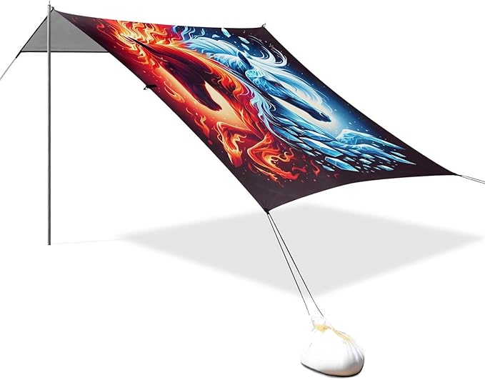 ALAZA Horse Fire &amp Ice Beach Tent Sun Shelter UPF50+ Protection Beach Shade Canopy w/ 4 Sandbags for Outdoor Camping Fishing Backyard Fun Picnic 10x9 ft