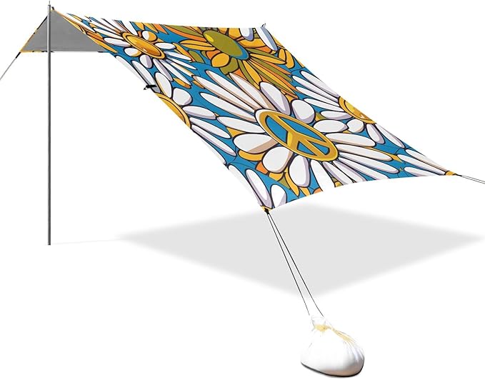 ALAZA Peace Daisy Flower Beach Tent Sun Shelter UPF50+ Protection Beach Shade Canopy w/ 4 Sandbags for Outdoor Camping Fishing Backyard Fun Picnic 10x9 ft